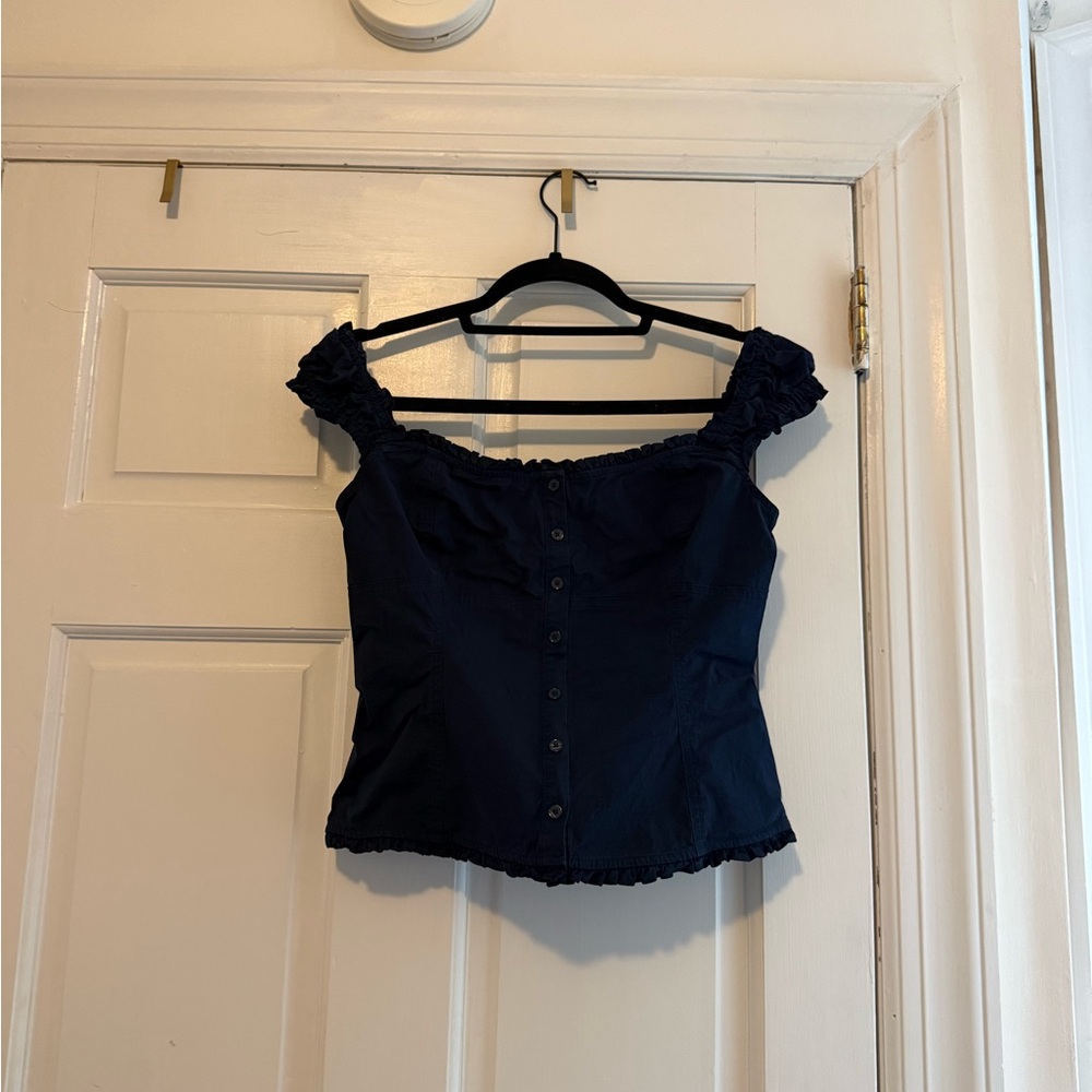 Aritzia Navy Button-Front Off-Shoulder Top